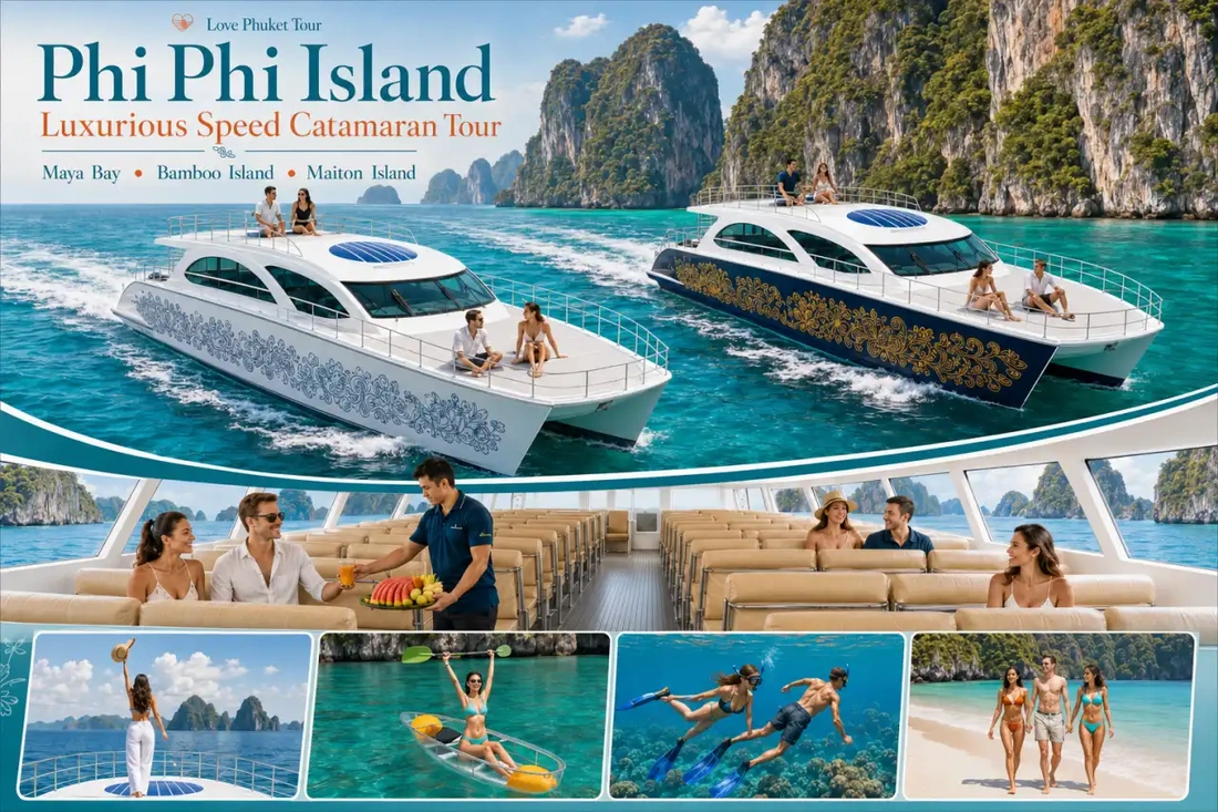 Phi Phi Luxury Speed Catamaran Tour from Phuket featuring Maya Bay, Bamboo Island, Maiton Island, snorkeling and spacious onboard seating