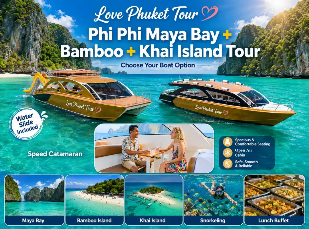 Phi Phi Bamboo and Khai Island Tour from Phuket by speed catamaran featuring Maya Bay, Bamboo Island, Khai Island, snorkeling and lunch buffet