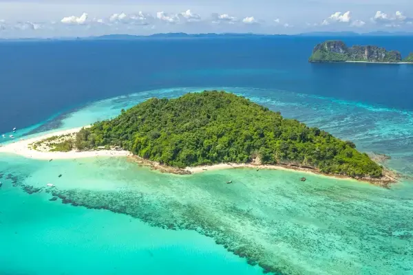 Aerial view of Bamboo Island and turquoise sea during the Phi Phi Bamboo and Khai Island Tour from Phuket