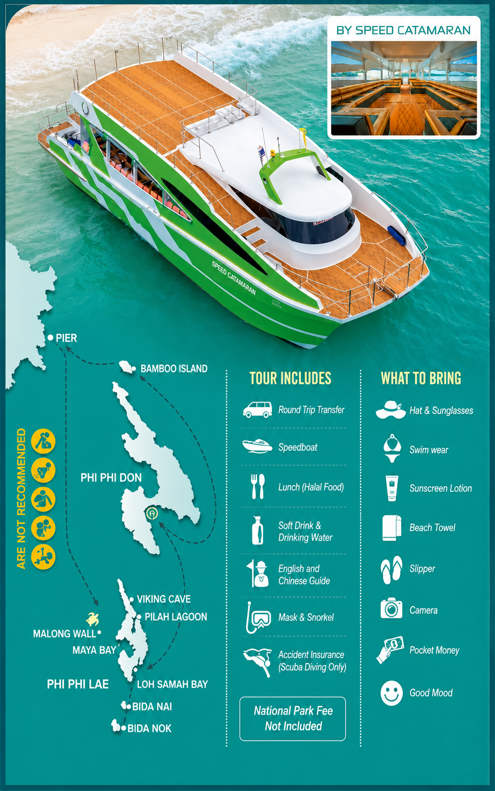 Phi Phi Island snorkeling and scuba diving tour route map by speed catamaran from Phuket