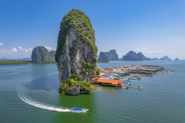 Aerial view of Phang Nga Bay and Koh Panyee during the Phi Phi James Bond Krabi 2 day tour from Phuket