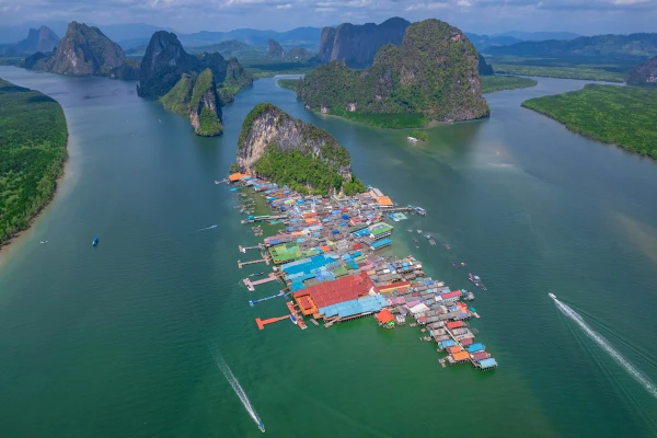 Aerial view of Koh Panyee and limestone islands during the Phi Phi James Bond Krabi 2 day tour