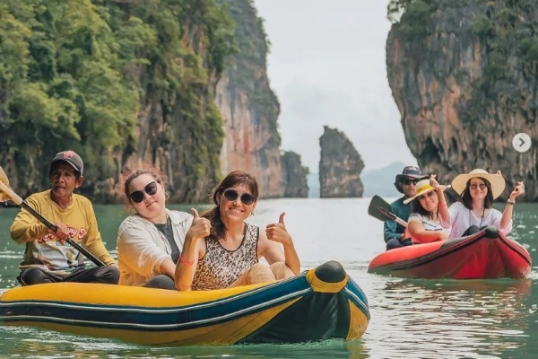 Sea cave canoeing in Phang Nga Bay during the Phi Phi James Bond Krabi 2 day tour from Phuket