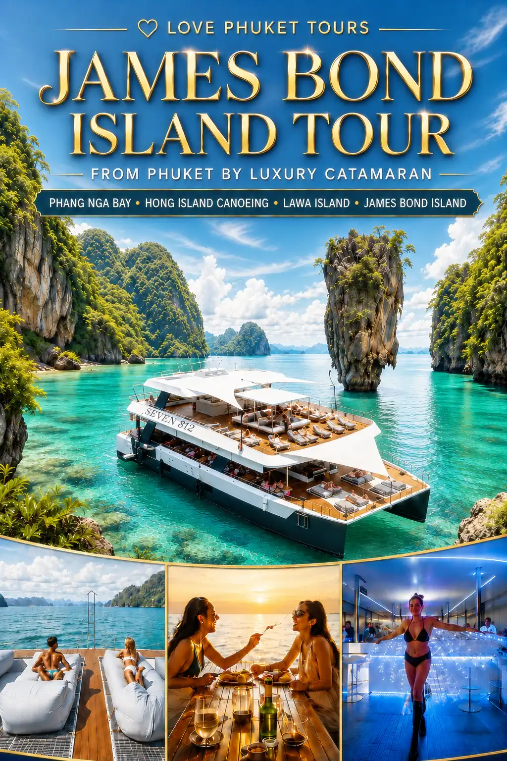 James Bond Island Tour from Phuket by luxury catamaran in Phang Nga Bay with scenic limestone islands and onboard sunset experience