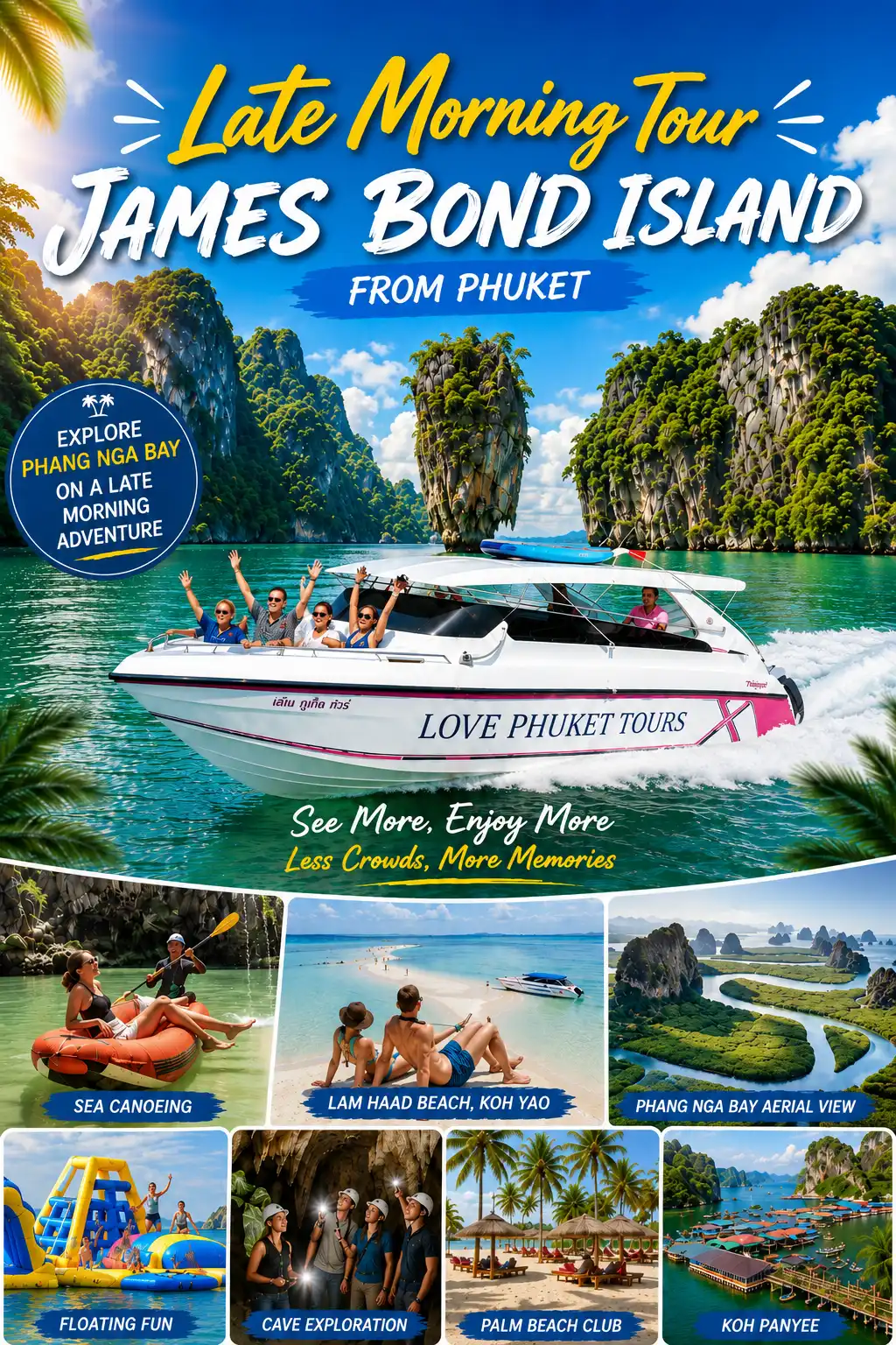 Late Morning James Bond Island Tour from Phuket with Phang Nga Bay scenery, speedboat, sea canoeing and Yao Yai Island beach time