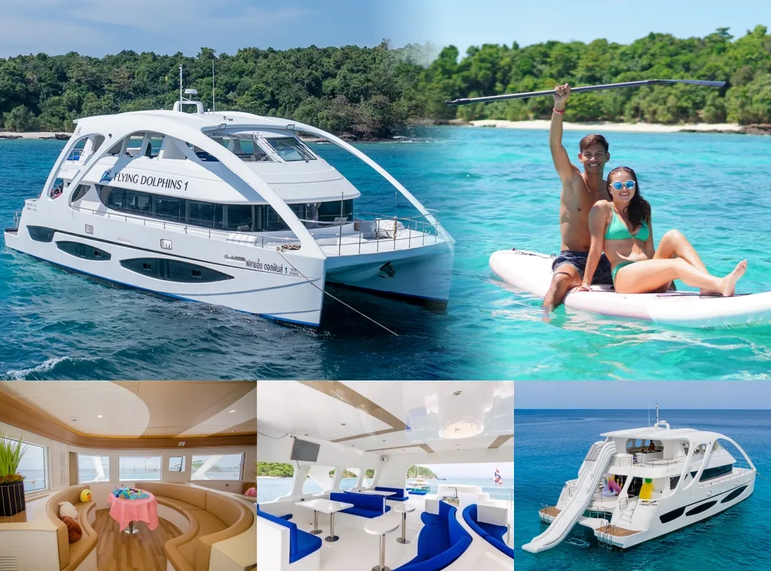 Phi Phi Maya Bay and Maiton Island luxury catamaran tour from Phuket with paddleboard and onboard lounge