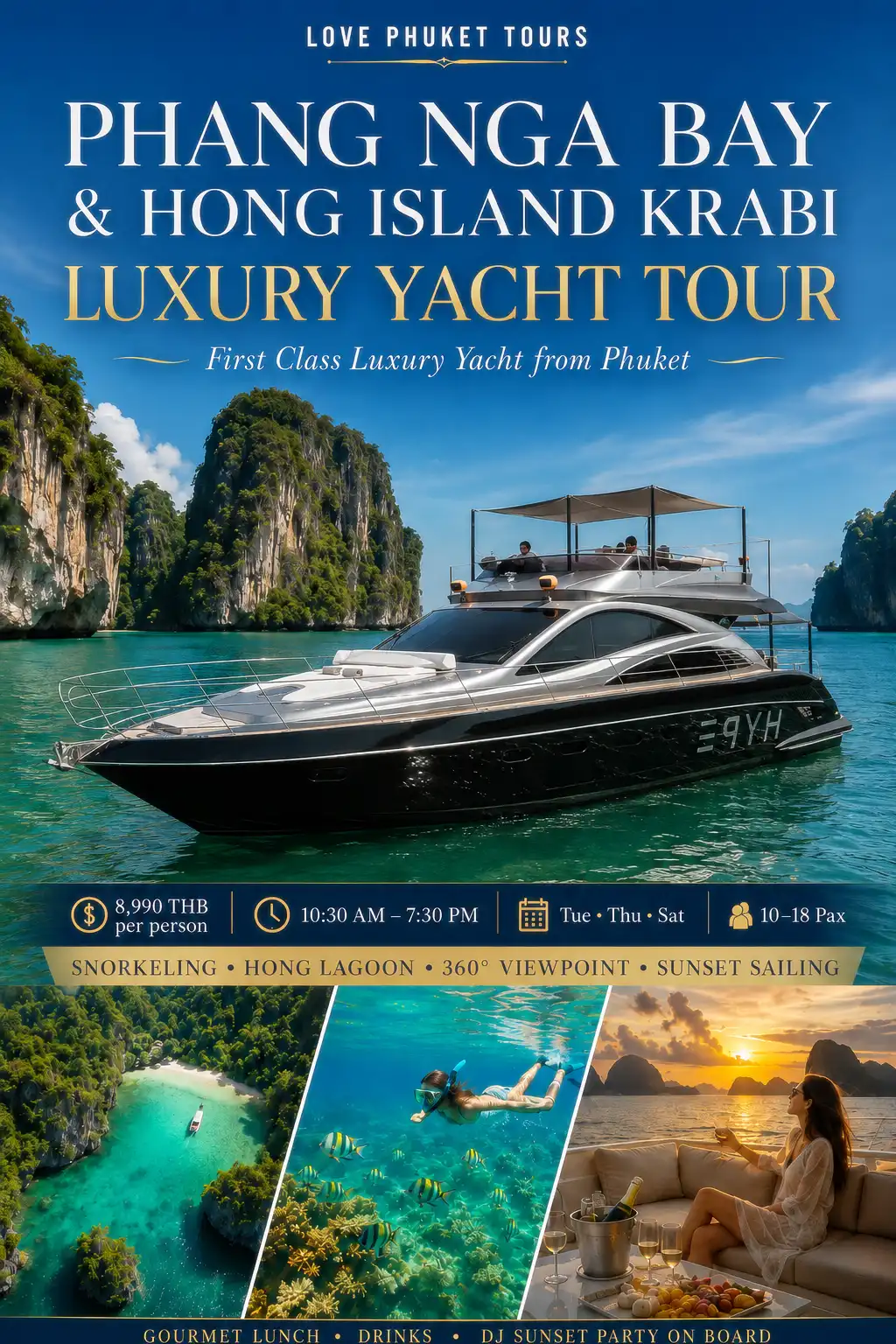 Phang Nga Bay and Hong Island Krabi luxury yacht tour from Phuket featuring the black First Class yacht, snorkeling, Hong Lagoon and sunset sailing