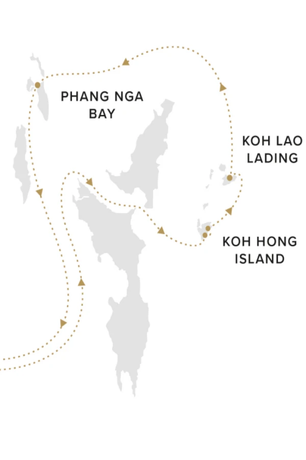 Route map for the Phang Nga Bay and Hong Island Krabi luxury yacht tour from Phuket