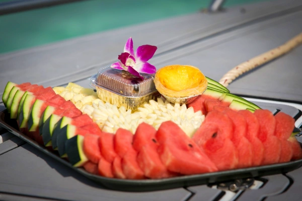 Fresh tropical fruit and afternoon snacks served during the Phi Phi Maya Bay Maiton luxury catamaran tour