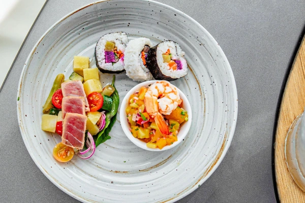 Gourmet food served during the Phang Nga Bay luxury yacht experience