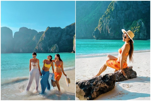 Travelers relaxing on Maya Bay beach during a Phi Phi Island tour from Phuket