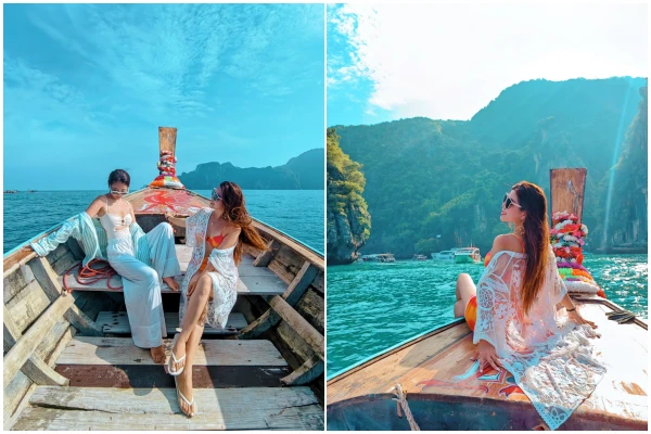 Longtail boat photo experience at Pileh Lagoon during the Phi Phi Maya Bay and Maiton Island catamaran tour