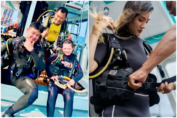 Guests getting fitted with scuba diving equipment before a Phi Phi Island dive