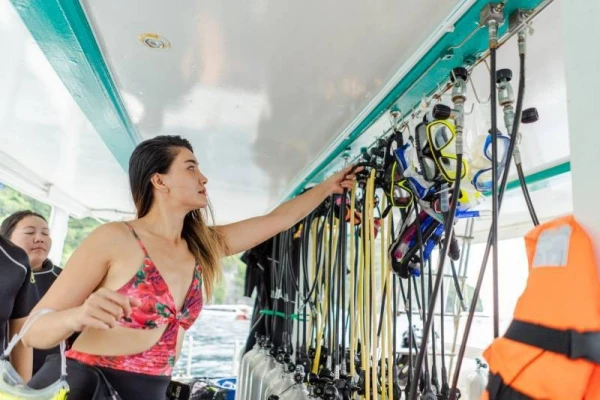 Scuba diving equipment prepared aboard the speed catamaran for the Phi Phi Islands tour