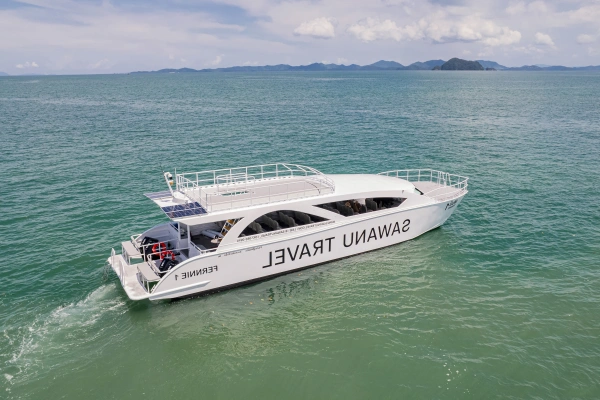 James Bond Island speed catamaran cruising in Phang Nga Bay from Phuket