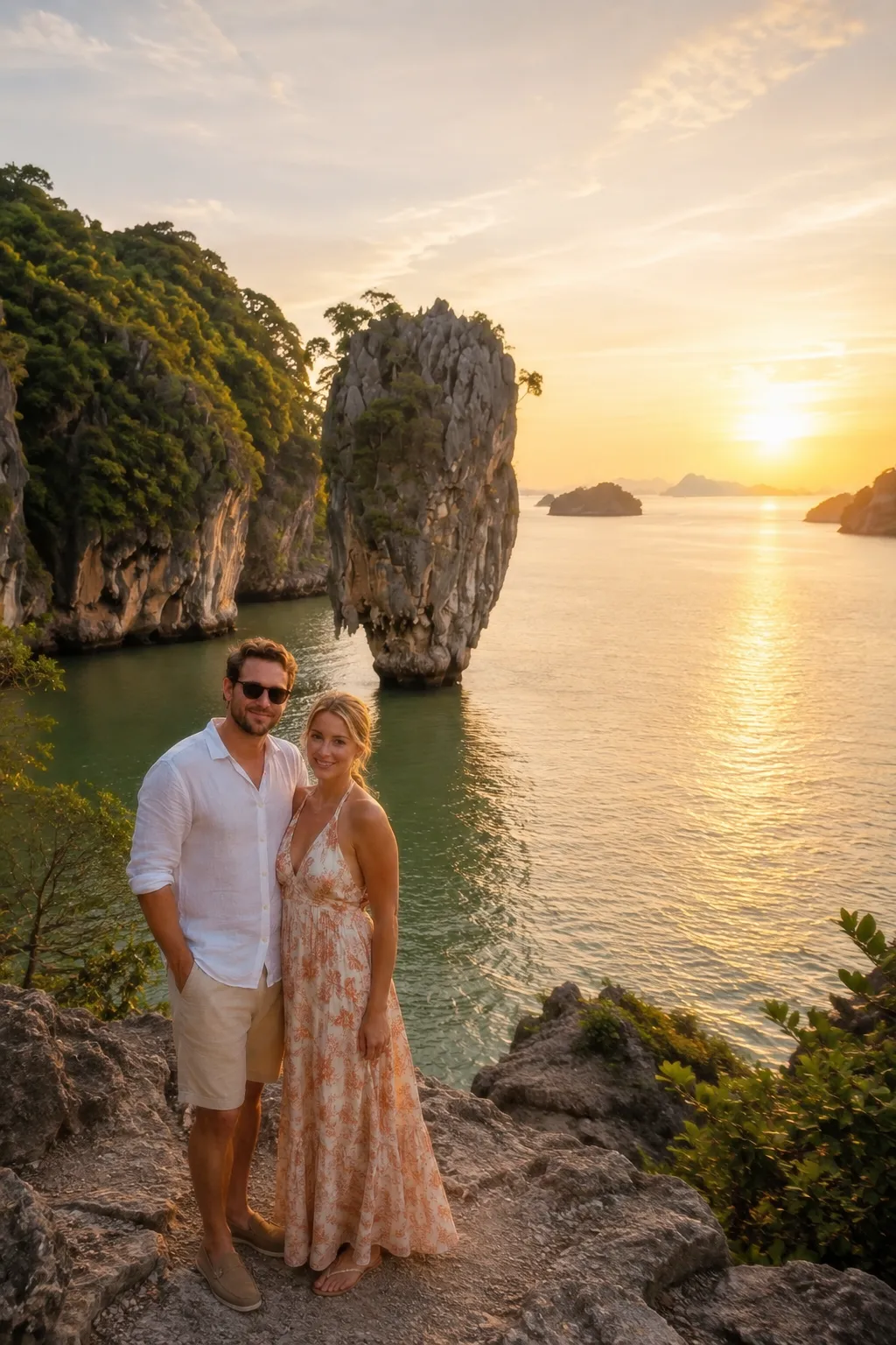 European couple at James Bond Island during a romantic sunset tour from Phuket