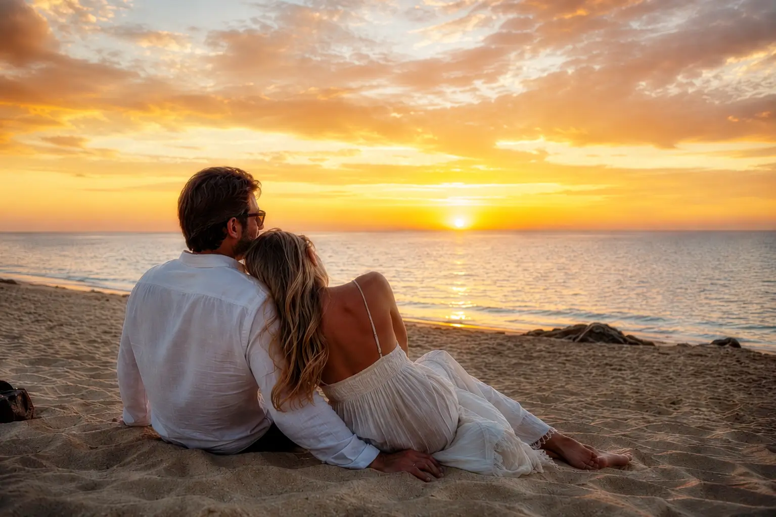 European couple relaxing on a quiet beach and watching a romantic sunset during a James Bond Island sunset tour from Phuket