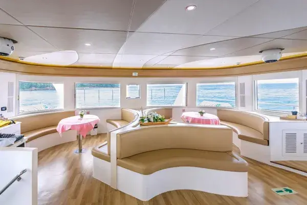 Luxury power catamaran lounge before departure on the Phi Phi Maya Bay Maiton tour from Phuket