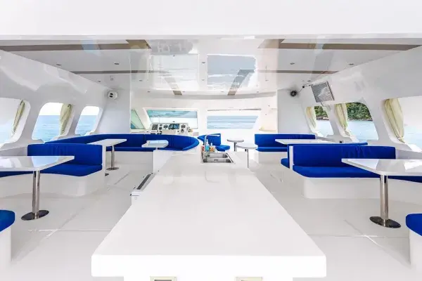 Comfortable indoor seating aboard the Phi Phi Maya Bay Maiton luxury power catamaran