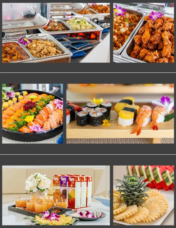 Buffet lunch, sushi, tropical fruit and drinks served on the Phi Phi Maya Bay Maiton luxury catamaran tour from Phuket