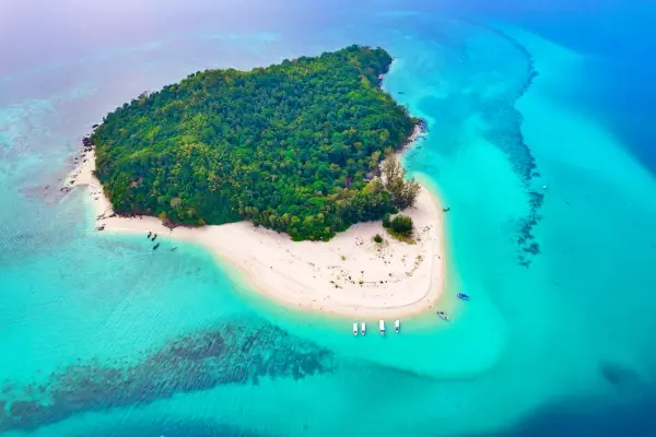 Aerial view of Bamboo Island with white sand beach and turquoise water near Phi Phi Islands