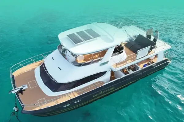 Aerial view of comfortable catamaran for Phi Phi Maya Bay and Maiton Island tour from Phuket