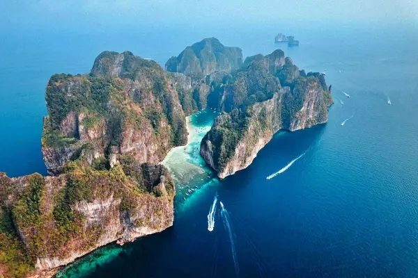Aerial view of Phi Phi Leh Island and limestone cliffs during a catamaran tour from Phuket