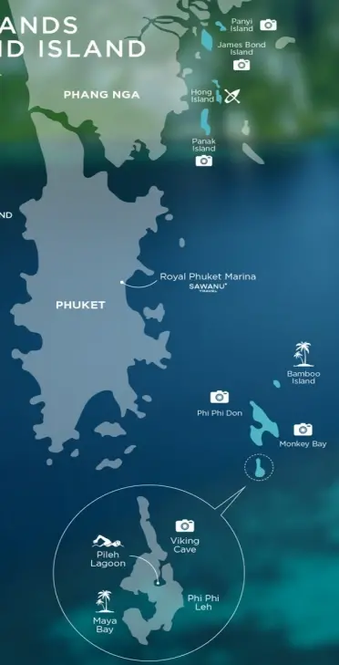 Phi Phi Island and James Bond Island tour route map from Phuket