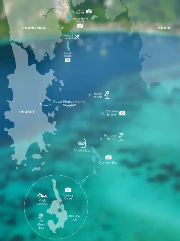 Route map for Phi Phi James Bond Krabi 2 day tour from Phuket