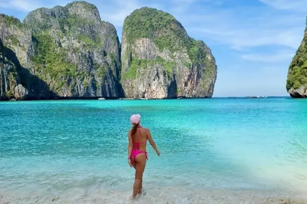 Traveler at Maya Bay during Phi Phi James Bond Krabi 2 day tour from Phuket