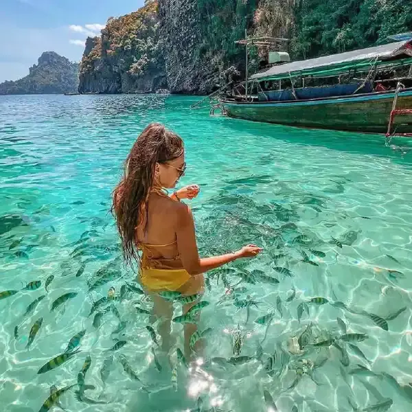 Traveler enjoying clear tropical water and colorful fish at Phi Phi Islands