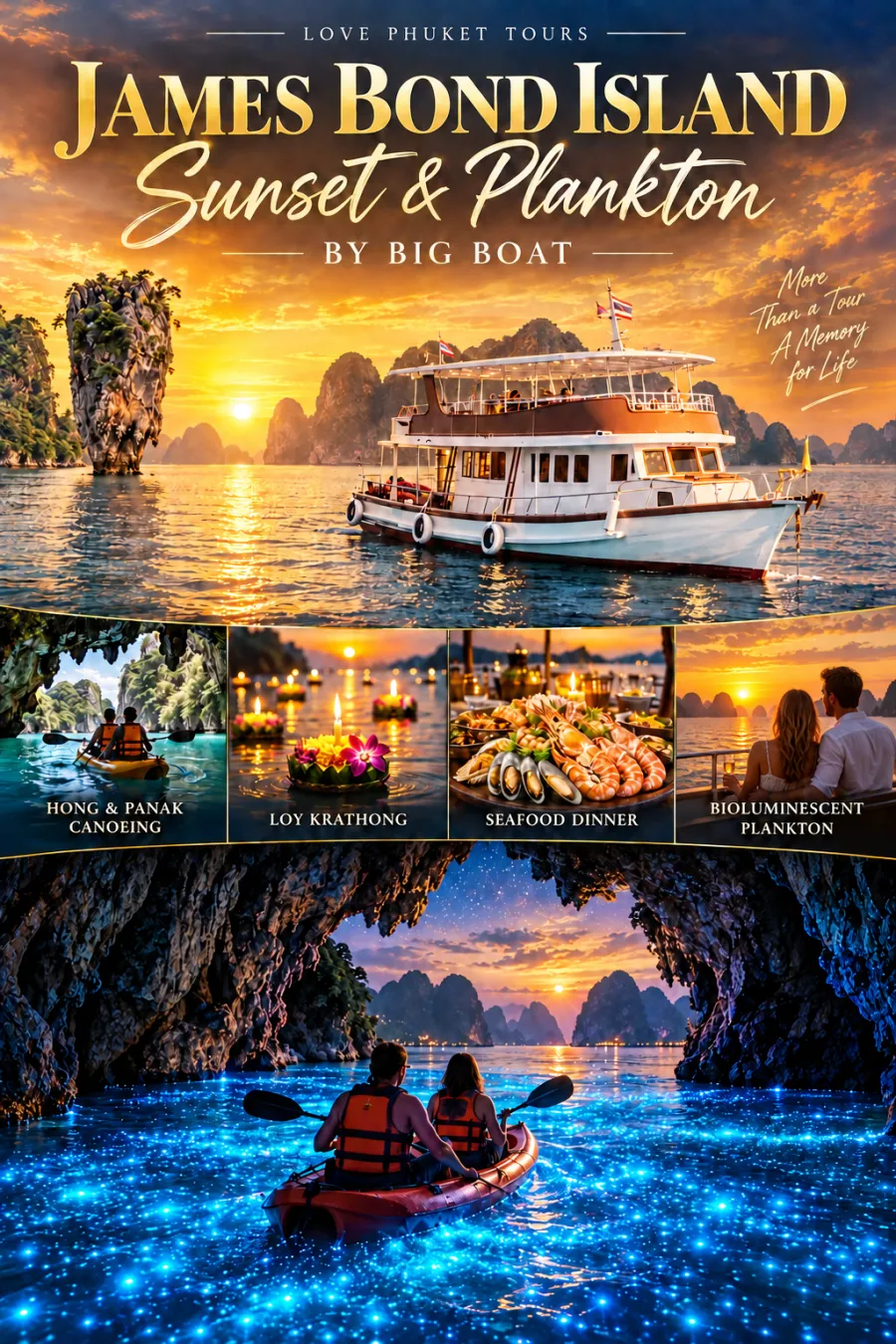 James Bond Island afternoon tour from Phuket by big boat with Phang Nga Bay sea cave canoeing, sunset dinner and Loy Krathong