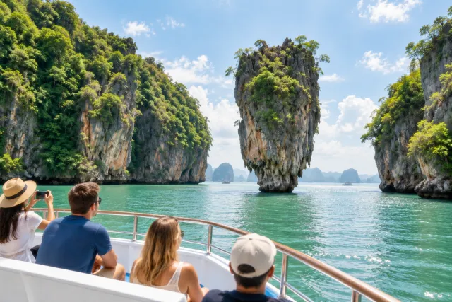 Guests viewing James Bond Island from the boat during the James Bond Island Afternoon Tour from Phuket