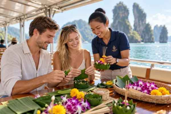 Guests making a Krathong with help from a guide during the James Bond Island Afternoon Tour from Phuket