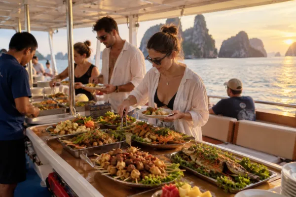 Guests enjoying a sunset buffet dinner on board during the James Bond Island Afternoon Tour from Phuket