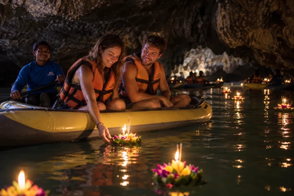 Young couple floating a Krathong by canoe inside a cave during the James Bond Island Afternoon Tour from Phuket