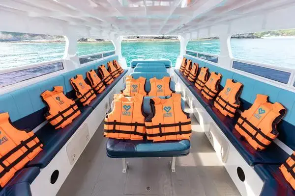 Passenger cabin and life jackets on James Bond Island and Hong Island Krabi tour speedboat