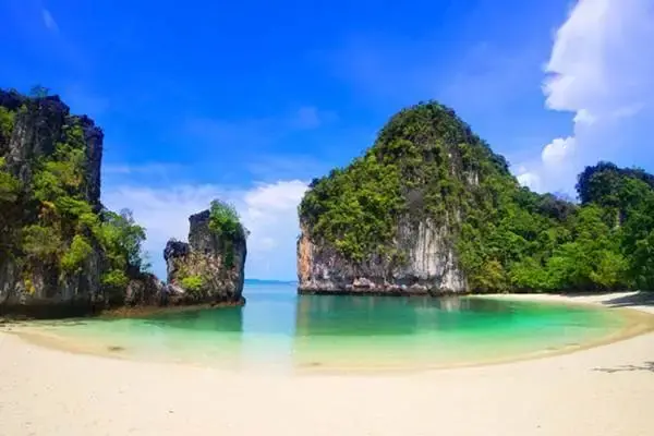 Tropical lagoon and limestone beach on Hong Island Krabi tour from Phuket