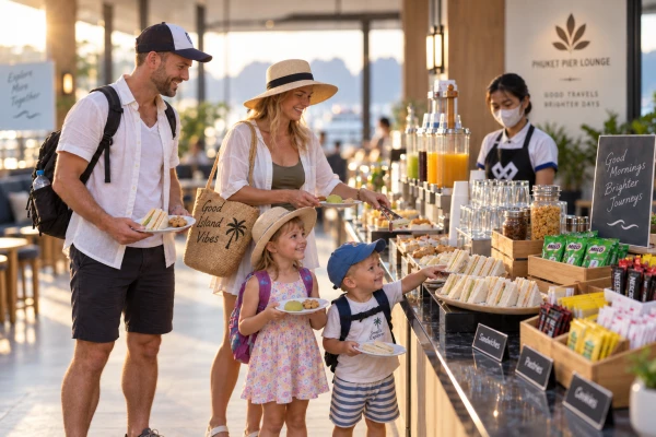 Family enjoying a light breakfast at Visit Panwa Pier before James Bond Island and Hong Island Krabi tour from Phuket
