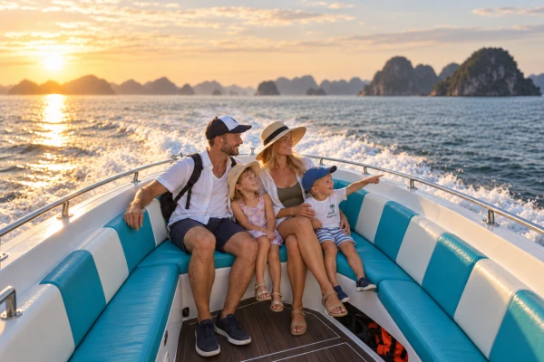 Family departing by speedboat on the James Bond Island and Hong Island Krabi tour from Phuket