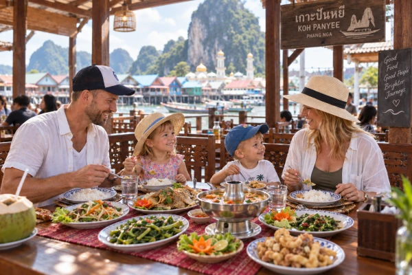 Family enjoying lunch surrounded by the scenery of Phang Nga Bay during a tour from Phuket