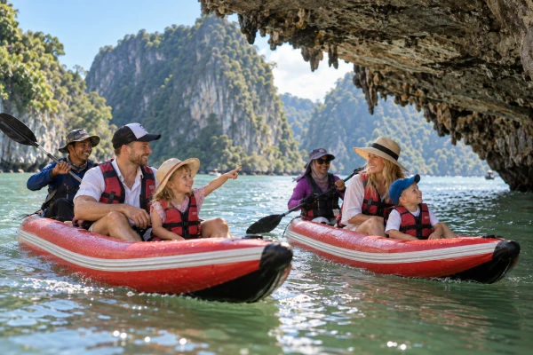 Family enjoying guided canoeing through Lod Cave and mangrove areas in Phang Nga Bay