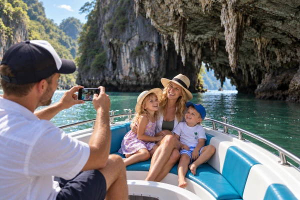 Family sightseeing limestone formations at Panak Island in Phang Nga Bay