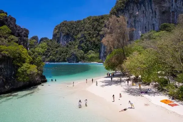 Aerial view of Hong Island Krabi beach with turquoise water and limestone cliffs