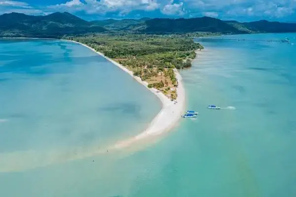 Aerial view of Laem Haad beach and sandbar at Koh Yao Yai on the James Bond Island late morning tour