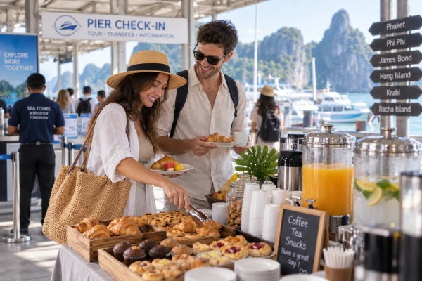 Guests enjoying light refreshments at the pier before the James Bond Island late morning tour from Phuket