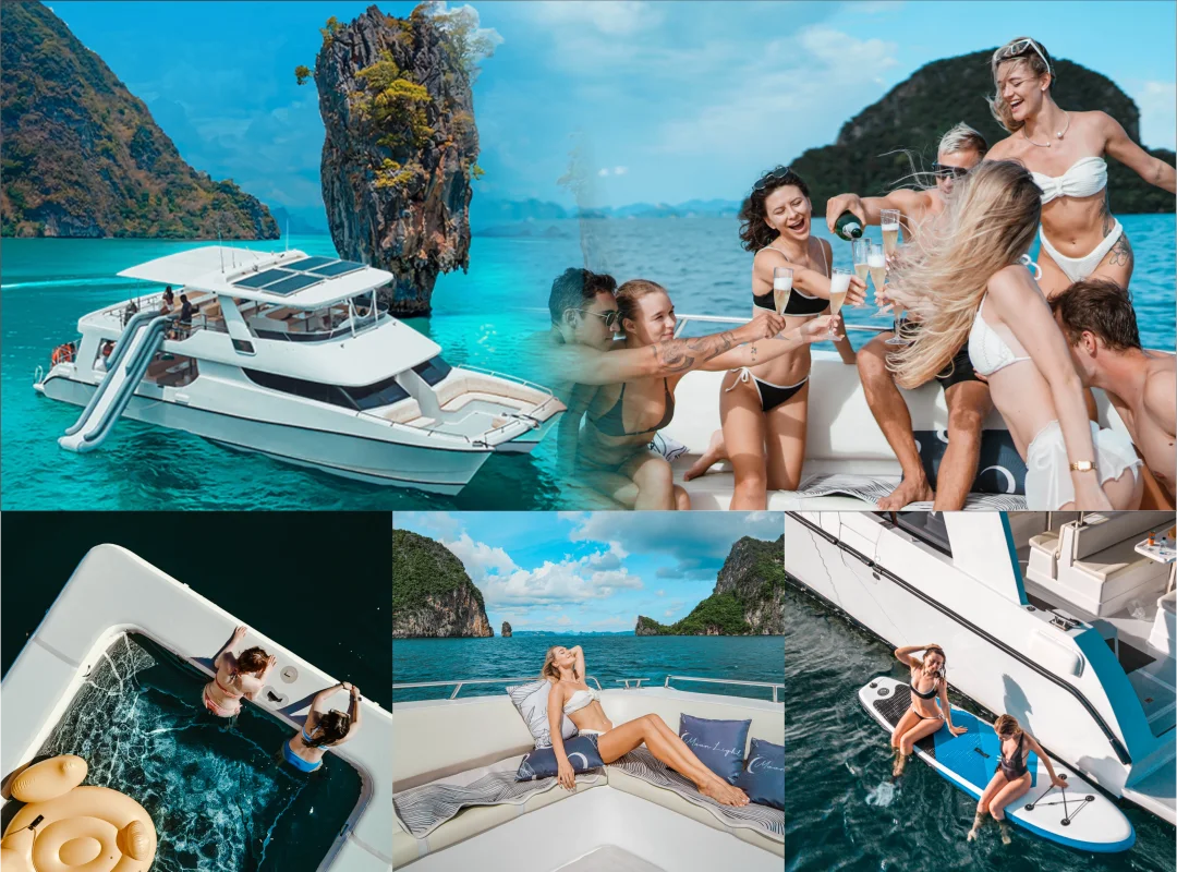 James Bond Island luxury power catamaran tour from Phuket with onboard activities and Phang Nga Bay scenery
