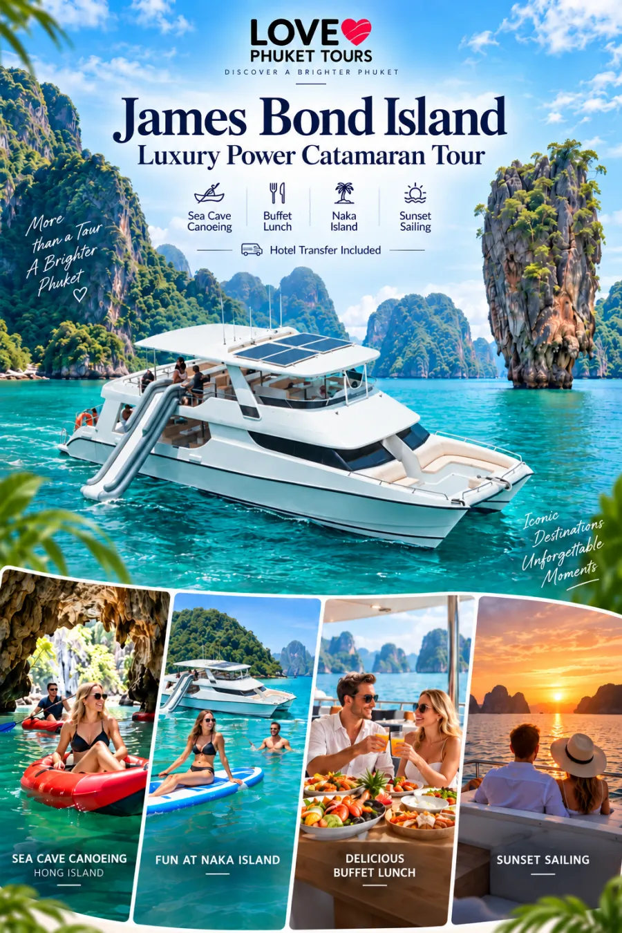 James Bond Island Luxury Power Catamaran Tour from Phuket with Phang Nga Bay limestone islands and premium cruising