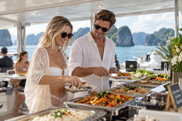Couple enjoying buffet lunch onboard the James Bond Island luxury power catamaran tour from Phuket