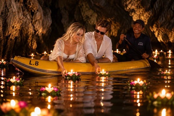 Couple enjoying sea cave canoeing and floating lanterns at Hong Island on the James Bond Island luxury power catamaran tour